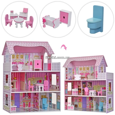 Деревянный кукольный домик MD 2668, три этажа, с мебелью