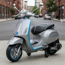 Детский мотоцикл Vespa M 6288 EL-11-4 скутер, два двигателя, серо-синий